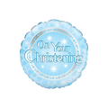 Holographic blue round foil balloon with stars and hearts for Christening from Parte Haus party supply store in Bethesda MD