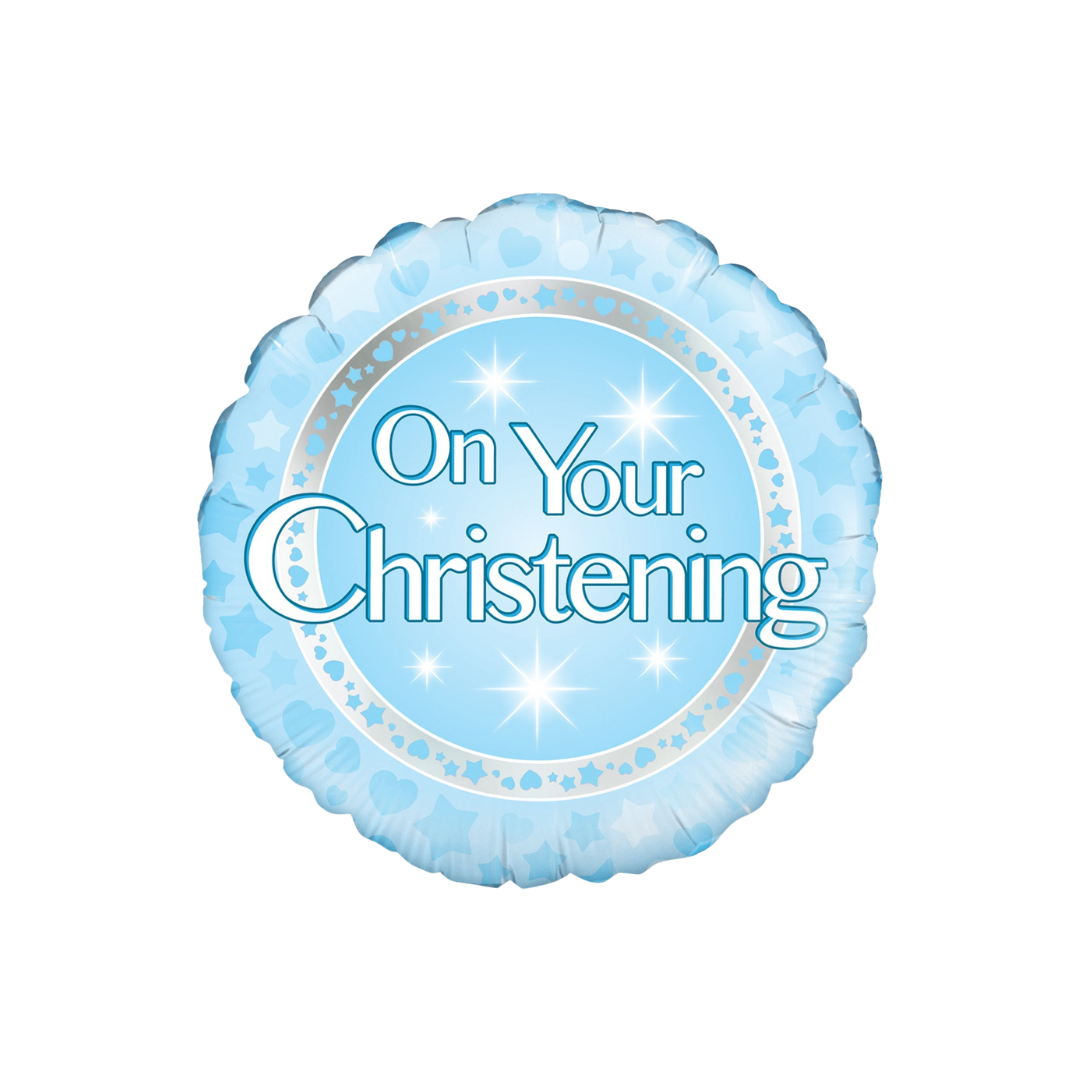 Holographic blue round foil balloon with stars and hearts for Christening from Parte Haus party supply store in Bethesda MD