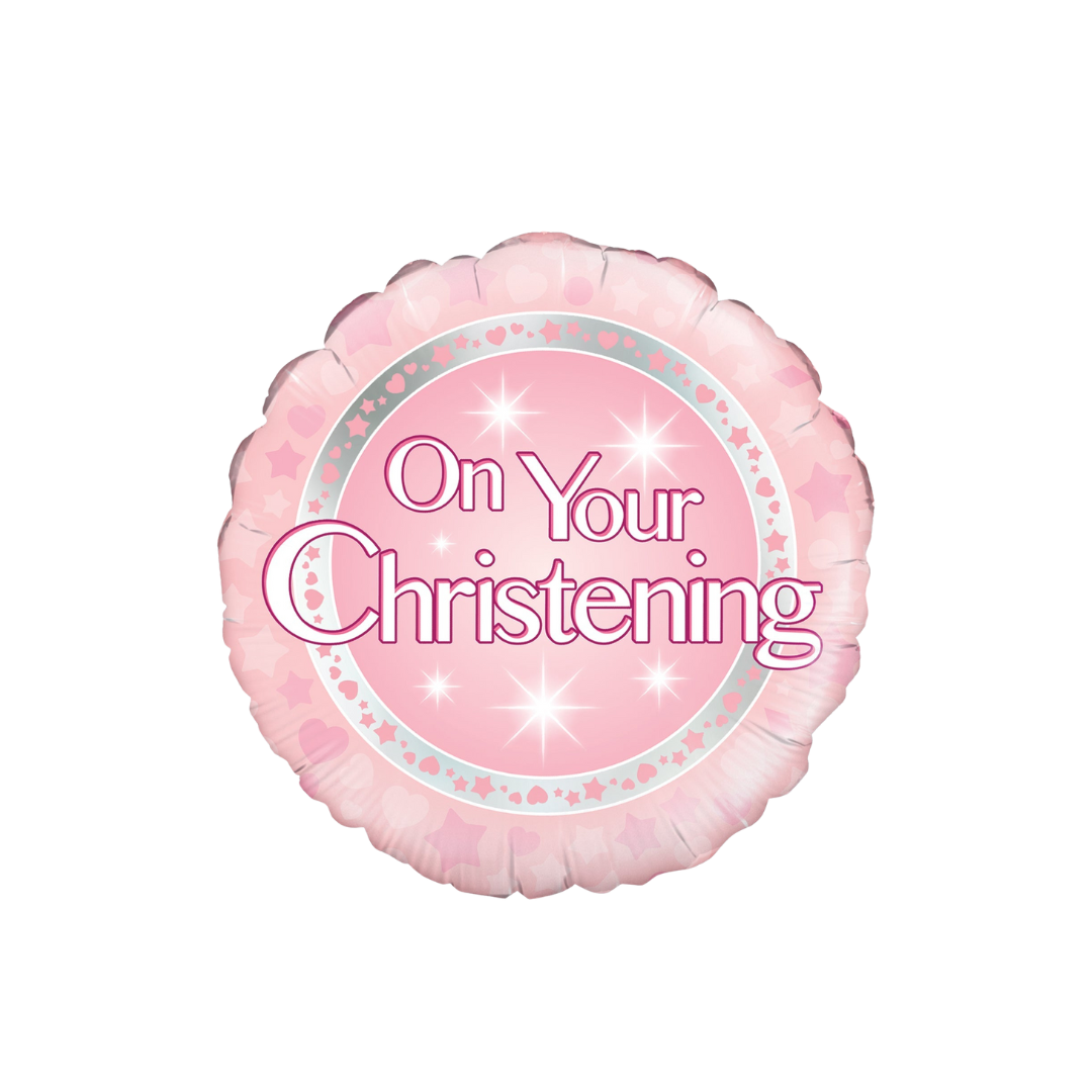 Holographic pink foil balloon with on your christening message from Parte Haus party supply store in Bethesda MD