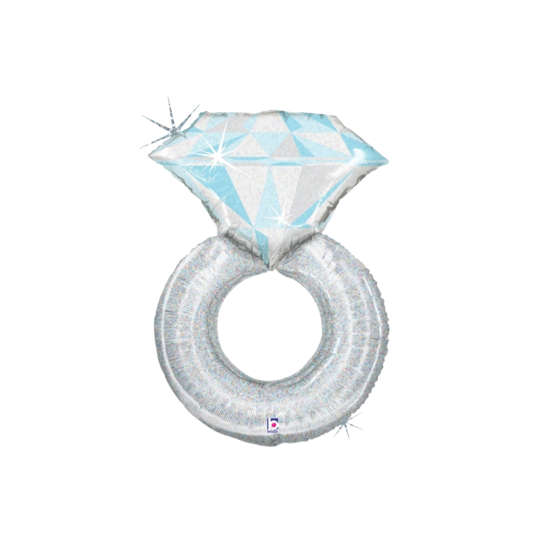 Holographic silver ring shaped foil balloon engagement theme from Parte Haus party supply store in Bethesda Maryland
