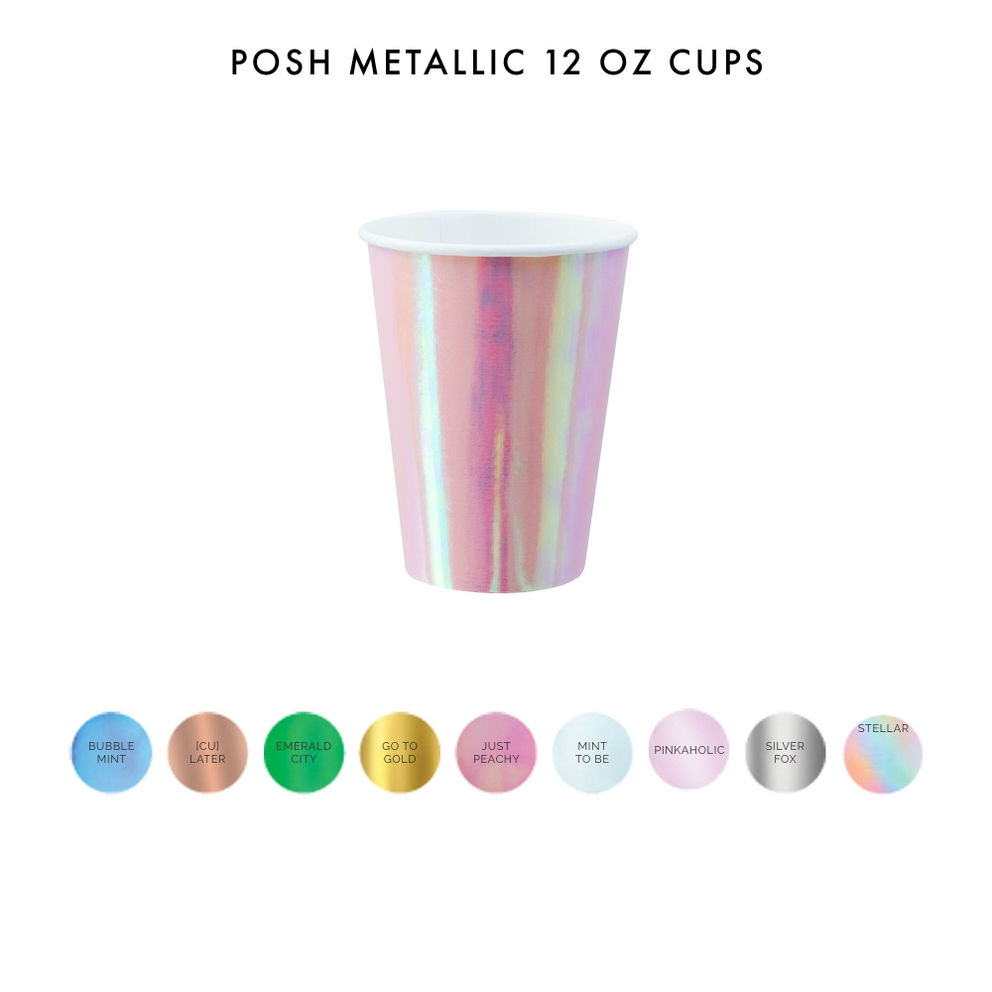 Holographic pink cup Just Peachy metallic finish for birthday from Parte Haus party supply store in Bethesda MD