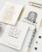White letterpress anniversary card with black lettering humorous message from Parte Haus party supply store in Bethesda MD