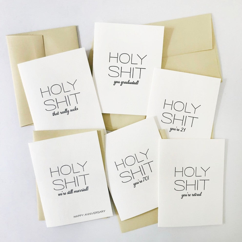 White letterpress anniversary cards with bold text for funny occasions from Parte Haus party supply store in Bethesda MD