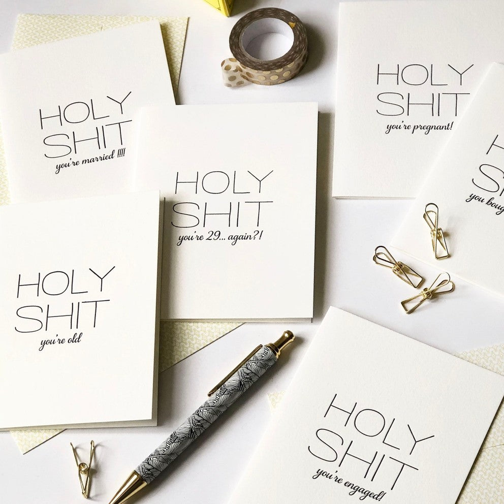 White letterpress anniversary cards with bold text for milestone celebrations from Parte Haus party supply store in Bethesda MD
