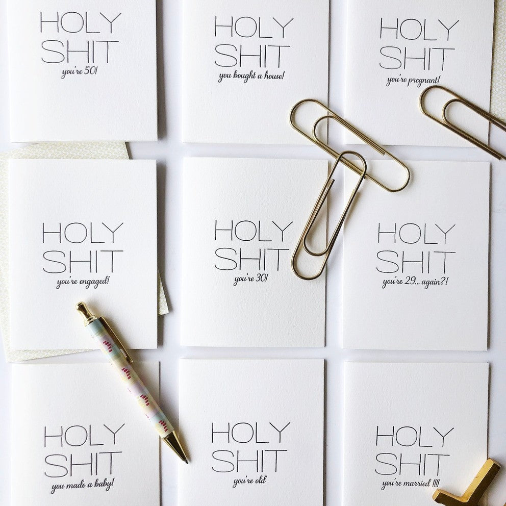 White funny letterpress greeting cards for milestone celebrations from Parte Haus party supply store in Bethesda Maryland