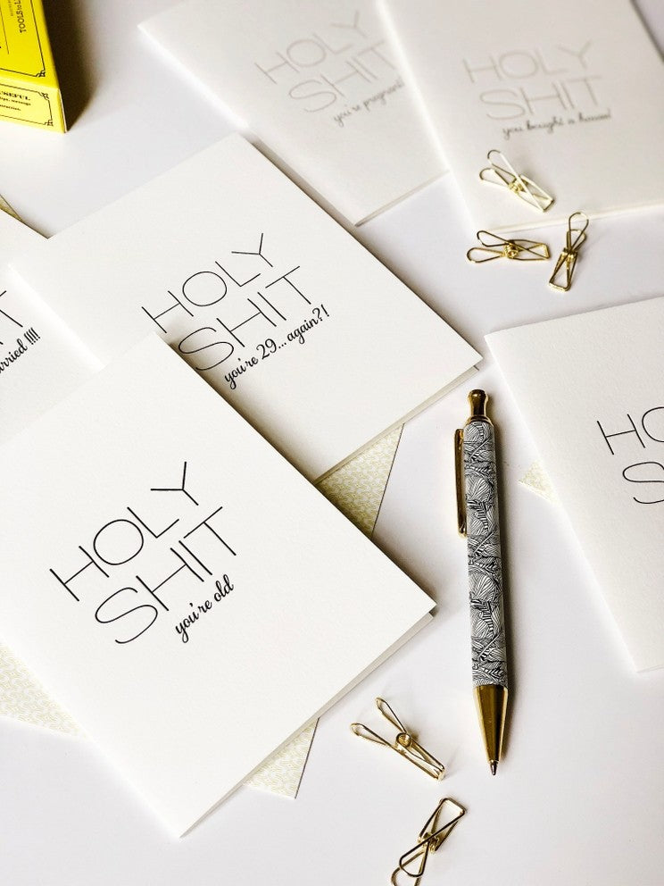 White letterpress funny anniversary and birthday cards with gold pen from Parte Haus party supply store in Bethesda MD