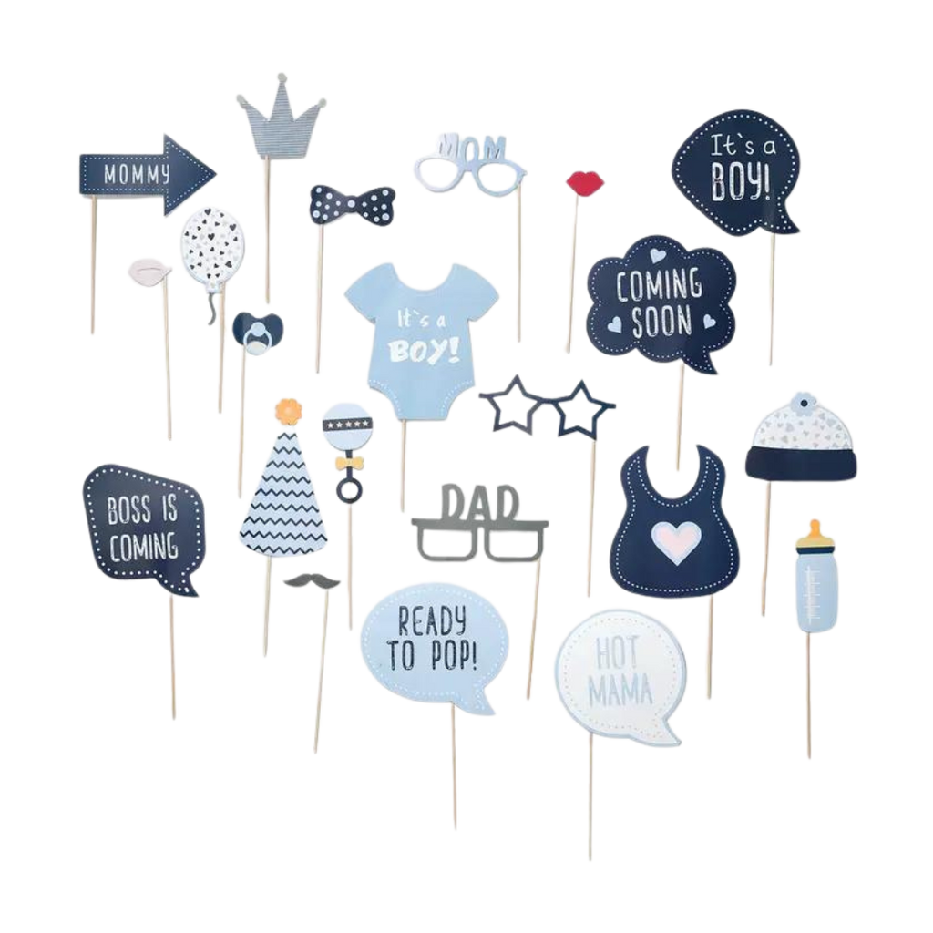 Baby blue photo props set with speech bubbles and baby themed cutouts for baby shower from Parte Haus party supply store in Bethesda Maryland