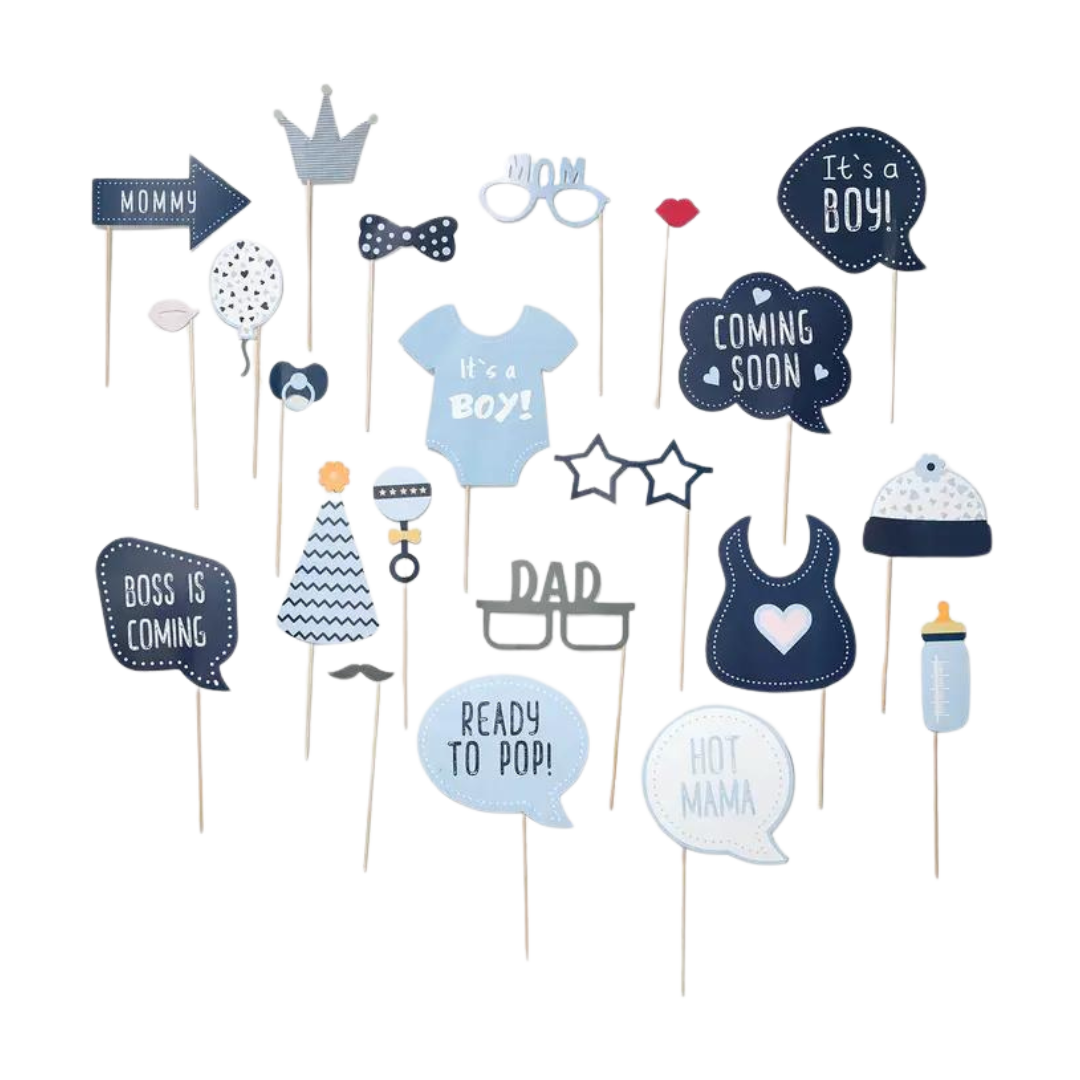 Baby blue photo props set with speech bubbles and baby themed cutouts for baby shower from Parte Haus party supply store in Bethesda Maryland