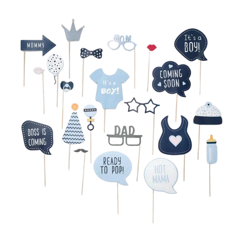 Baby blue photo props set with speech bubbles and baby themed cutouts for baby shower from Parte Haus party supply store in Bethesda Maryland