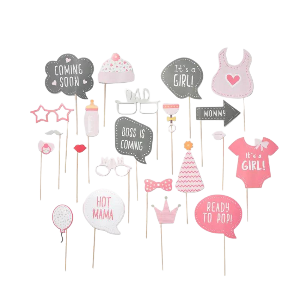 Pink baby shower photo props with fun signs and accessories for girl baby shower from Parte Haus party supply store in Bethesda Maryland