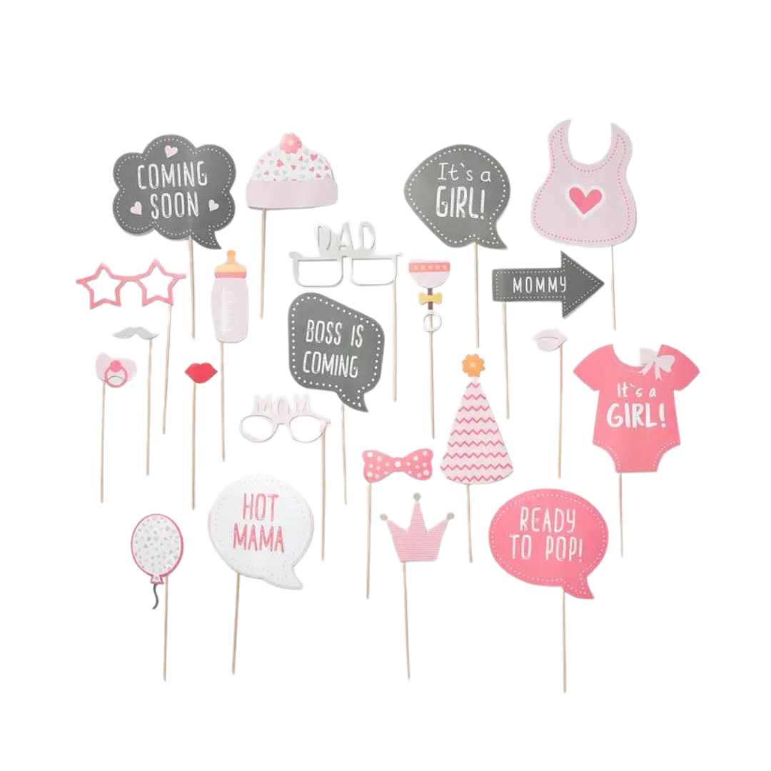 Pink baby shower photo props with fun signs and accessories for girl baby shower from Parte Haus party supply store in Bethesda Maryland