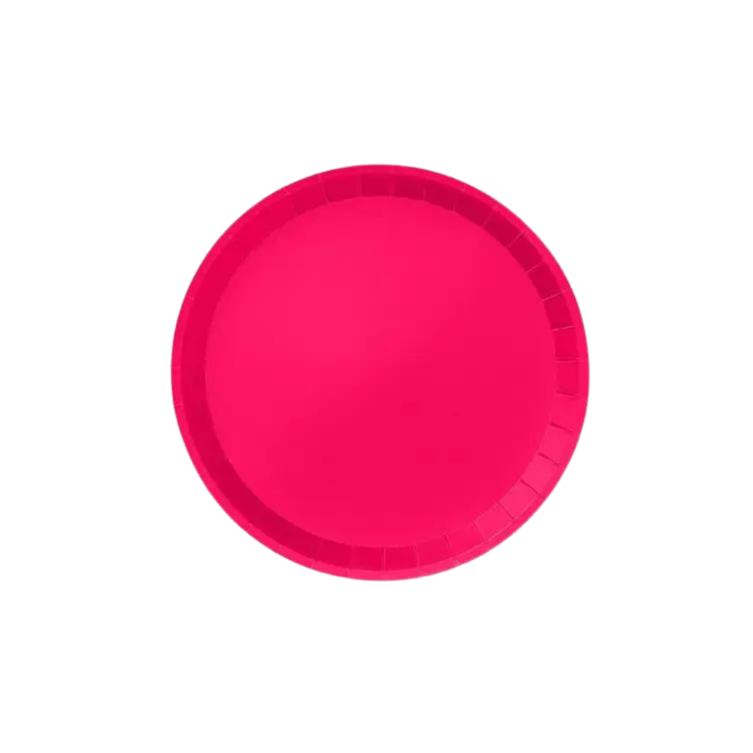 Hot pink large paper plate with smooth rim for birthday or celebration from Parte Haus party supply store in Bethesda MD