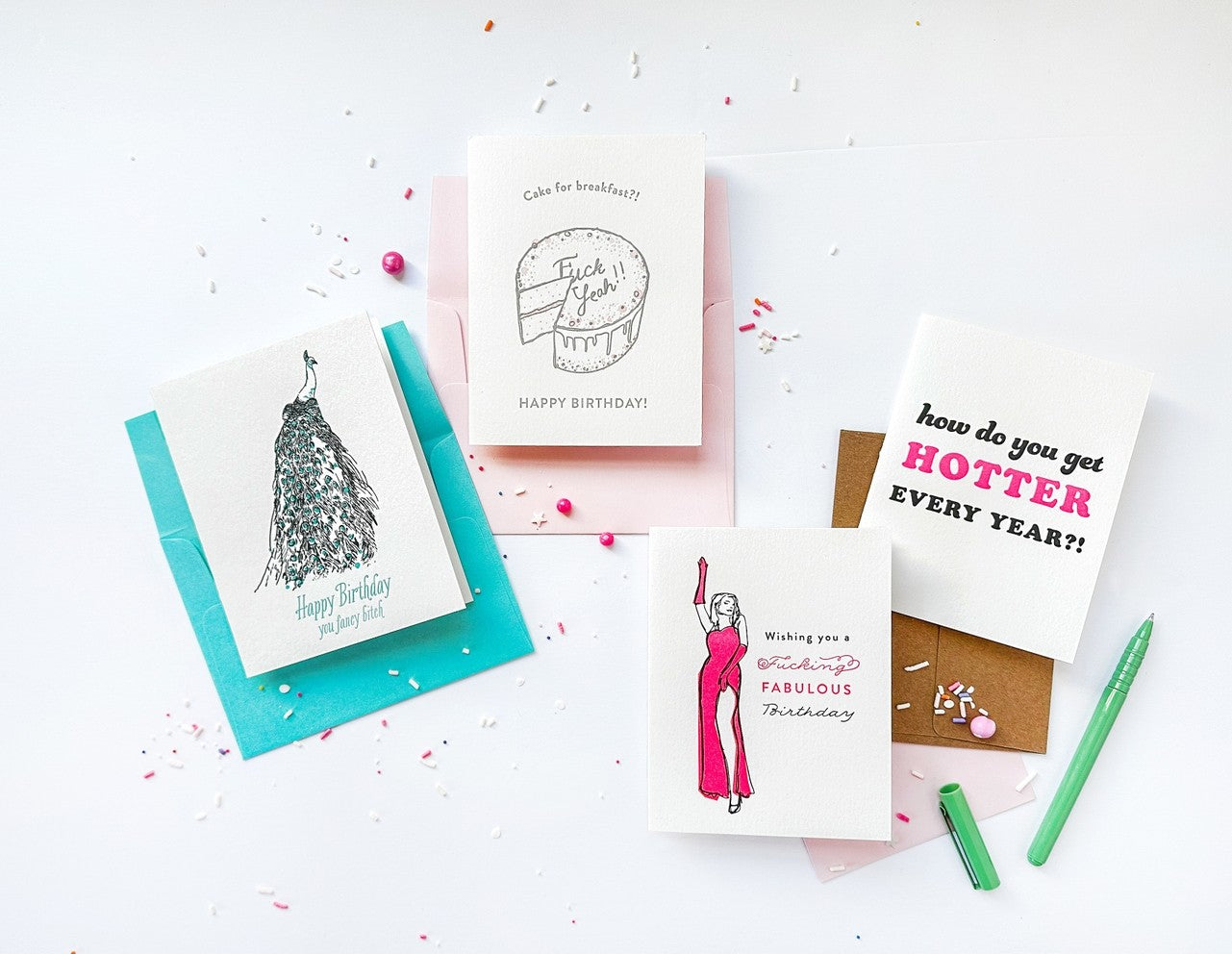 Multicolor letterpress birthday cards with fun messages birthday theme from Parte Haus party supply store in Bethesda Maryland