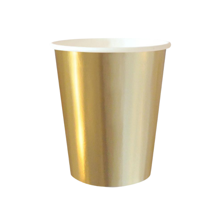 Gold paper cup with shiny finish for celebration from Parte Haus party supply store in Bethesda MD