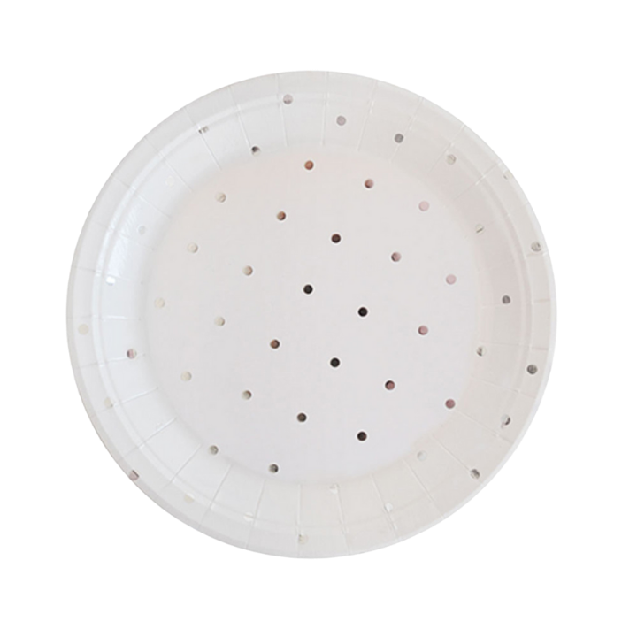 White paper plate with small round cutout holes from Parte Haus party supply store in Bethesda Maryland