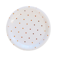 White and gold polka dot paper plate for birthday celebration from Parte Haus party supply store in Bethesda Maryland