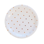 White and gold polka dot paper plate for birthday celebration from Parte Haus party supply store in Bethesda Maryland