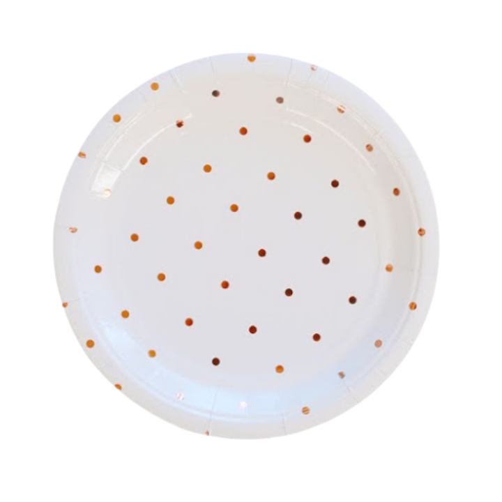 White and gold polka dot paper plate for birthday celebration from Parte Haus party supply store in Bethesda Maryland