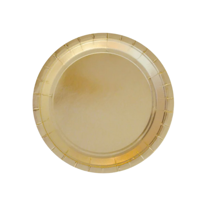 Gold paper plate with glossy finish for celebration from Parte Haus party supply store in Bethesda MD.