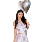 Pink birthday sash and satin outfit with heart balloon for 21st birthday from Parte Haus party supply store in Bethesda MD