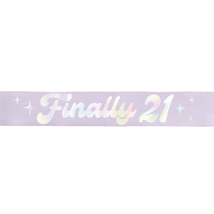 Iridescent Finally 21 banner with sparkles for 21st birthday celebration from Parte Haus party supply store in Bethesda MD