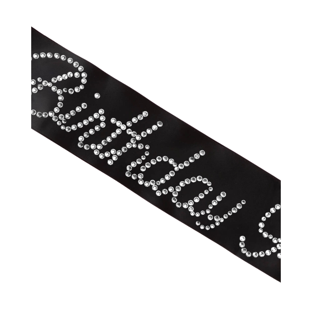Black birthday sash with rhinestone lettering birthday celebration from Parte Haus party supply store in Bethesda MD.