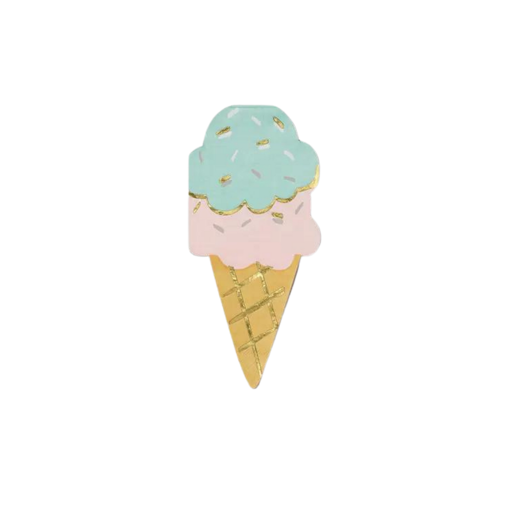 Pastel ice cream cone napkin with gold details for birthday theme from Parte Haus party supply store in Bethesda MD.