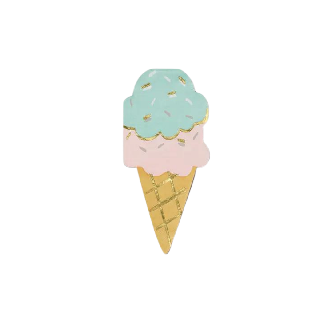 Pastel ice cream cone napkin with gold details for birthday theme from Parte Haus party supply store in Bethesda MD.