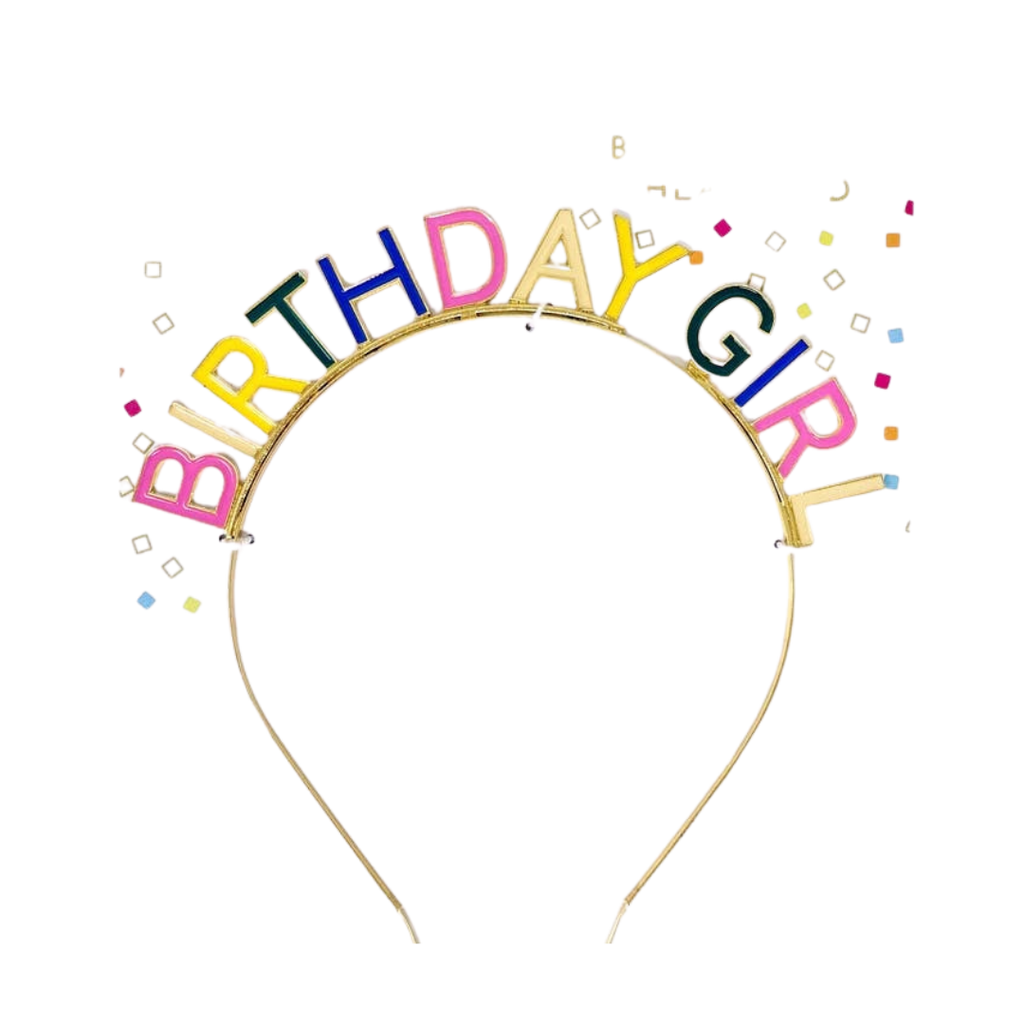 Colorful birthday girl headband with confetti detail birthday theme from Parte Haus party supply store in Bethesda MD