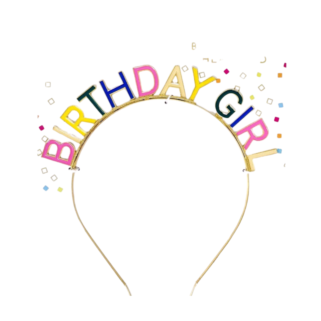 Colorful birthday girl headband with confetti detail birthday theme from Parte Haus party supply store in Bethesda MD