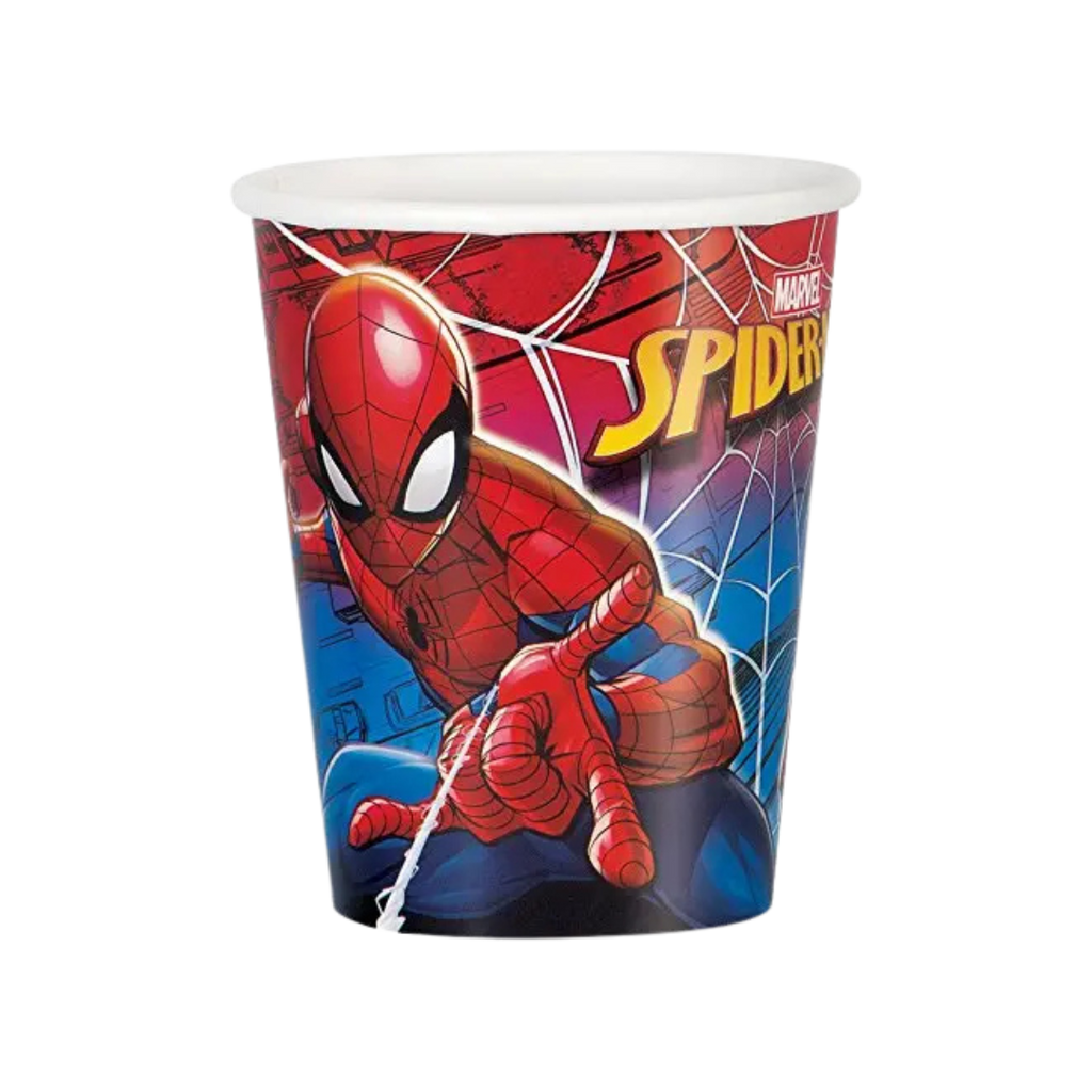 Red and blue Spider Man paper cup with superhero design kids birthday from Parte Haus party supply store in Bethesda MD.