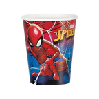 Red and blue Spider Man paper cup with superhero design kids birthday from Parte Haus party supply store in Bethesda MD.