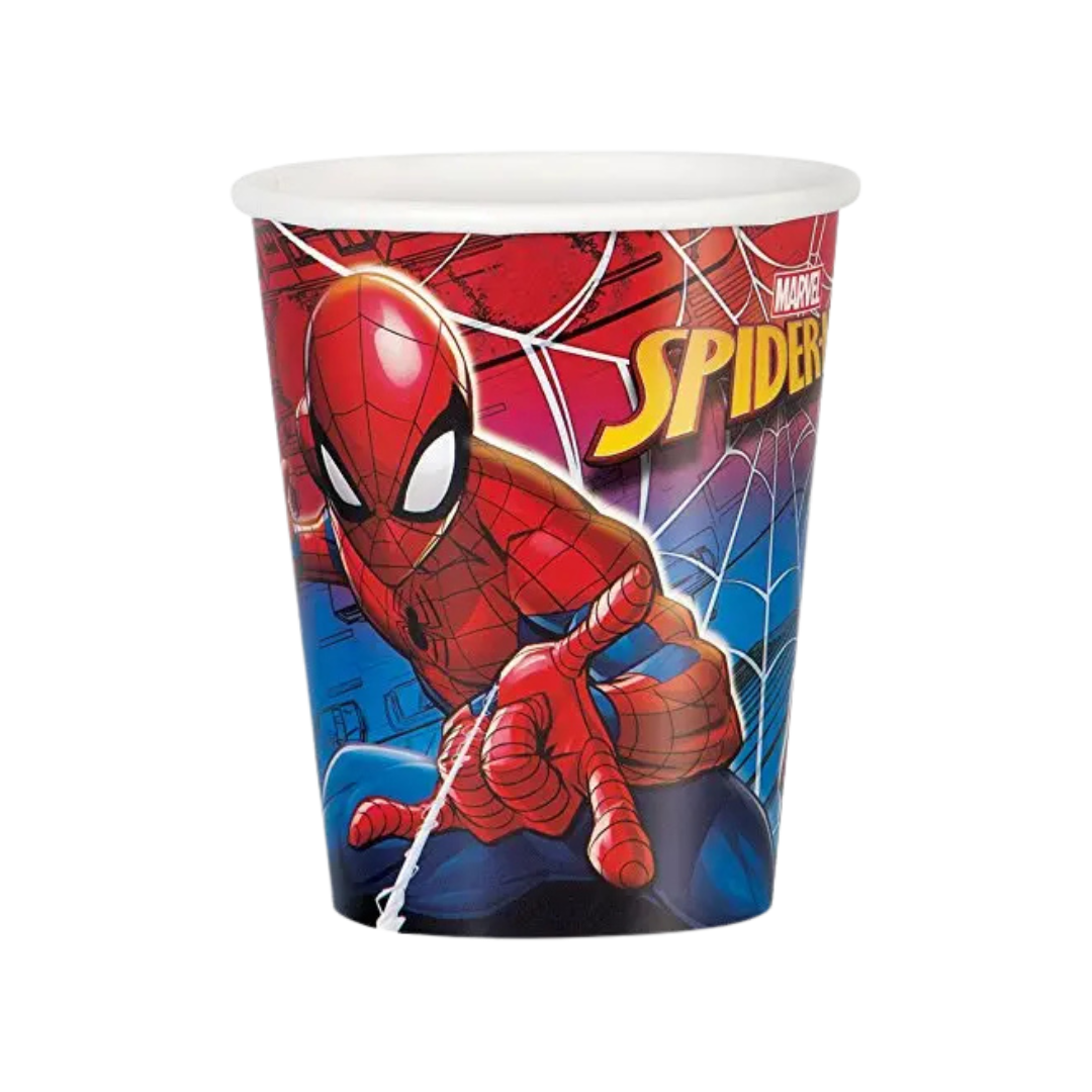 Red and blue Spider Man paper cup with superhero design kids birthday from Parte Haus party supply store in Bethesda MD.