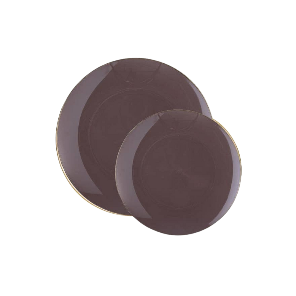 Brown round plates with gold edges for elegant dining from Parte Haus party supply store in Bethesda MD