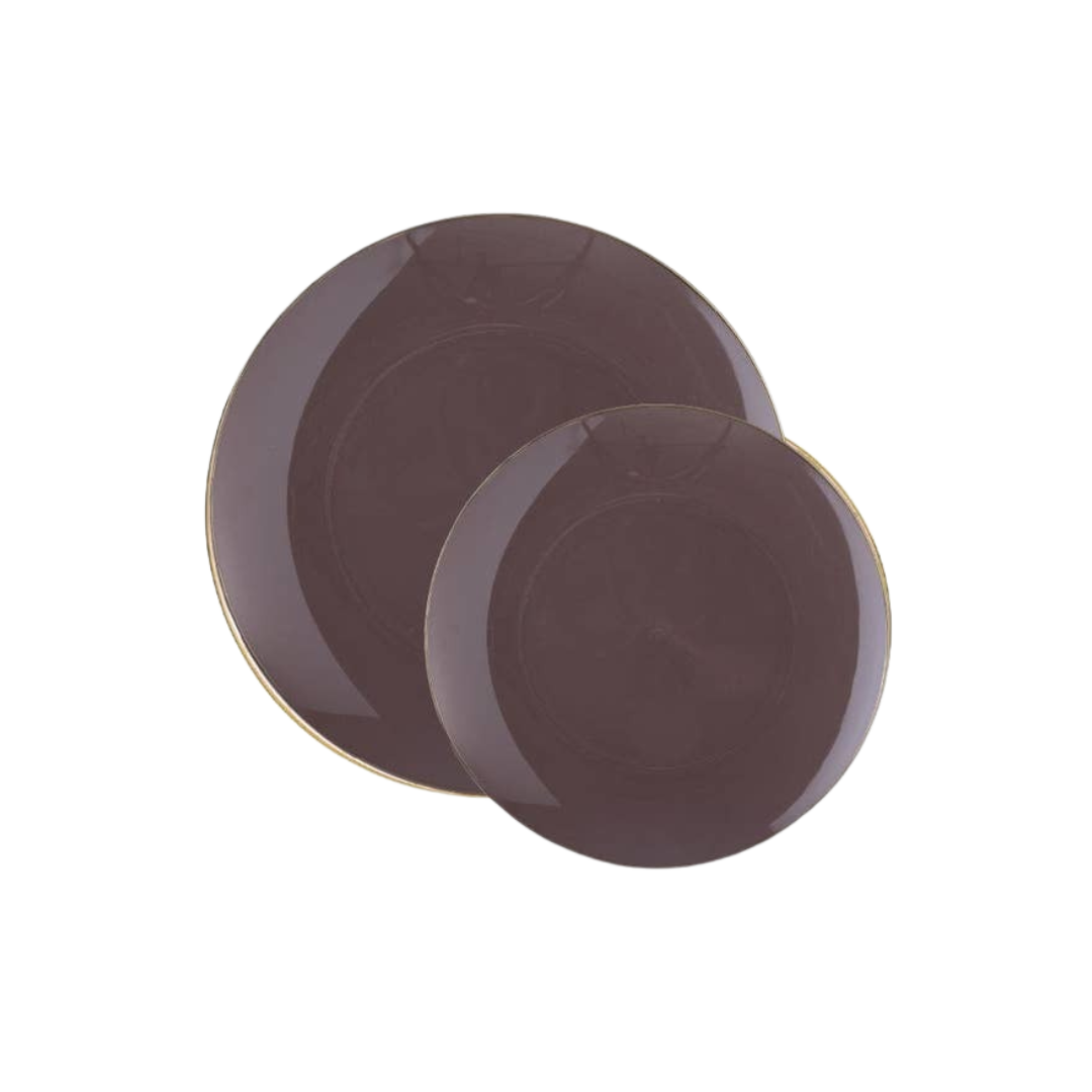 Brown round plates with gold edges for elegant dining from Parte Haus party supply store in Bethesda MD