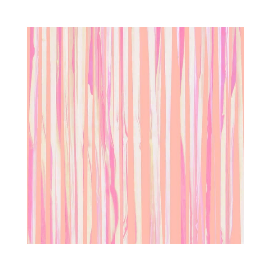 Pink iridescent curtain with shiny vertical stripes birthday decoration from Parte Haus party supply store in Bethesda MD