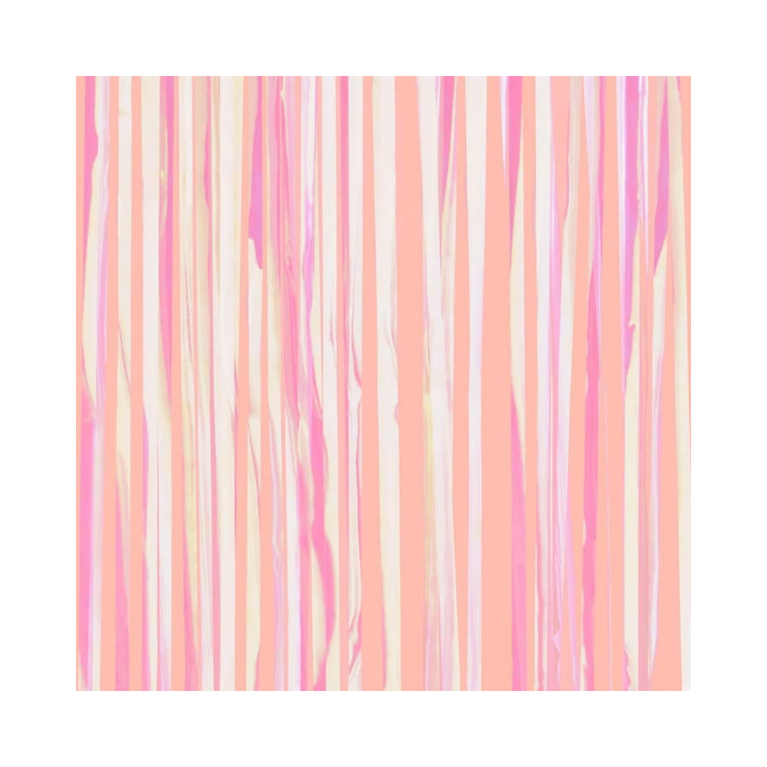 Pink iridescent curtain with shiny vertical stripes birthday decoration from Parte Haus party supply store in Bethesda MD