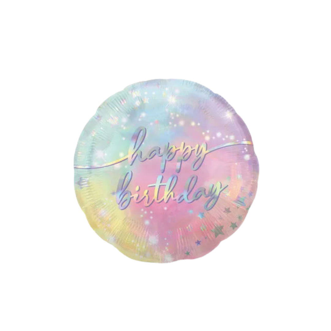 iridescent luminous foil happy birthday balloon with pastel stars birthday theme from Parte Haus party supply store in Bethesda Maryland