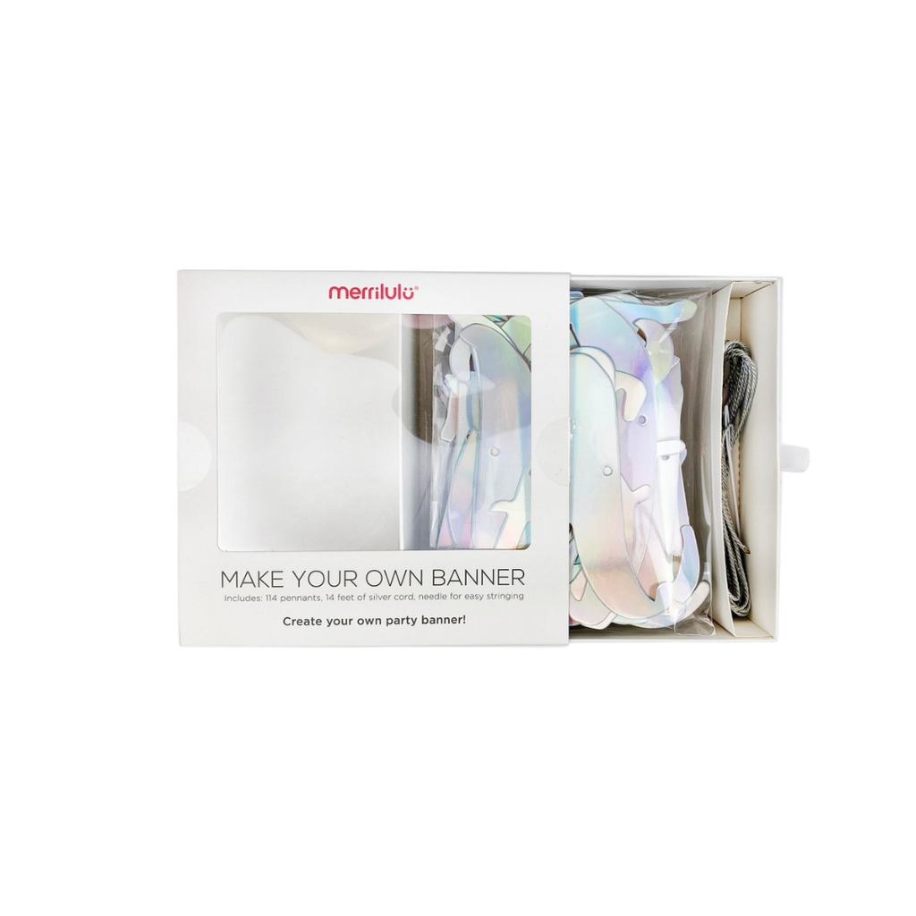 Iridescent make your own banner kit boxed birthday party from Parte Haus party supply store in Bethesda Maryland