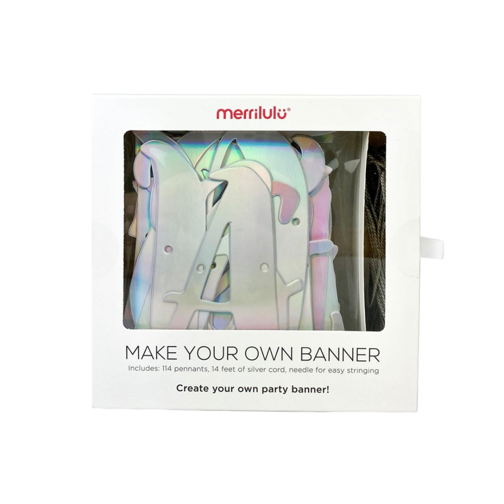 Iridescent make your own banner kit with alphabet pennants birthday decoration from Parte Haus party supply store in Bethesda MD
