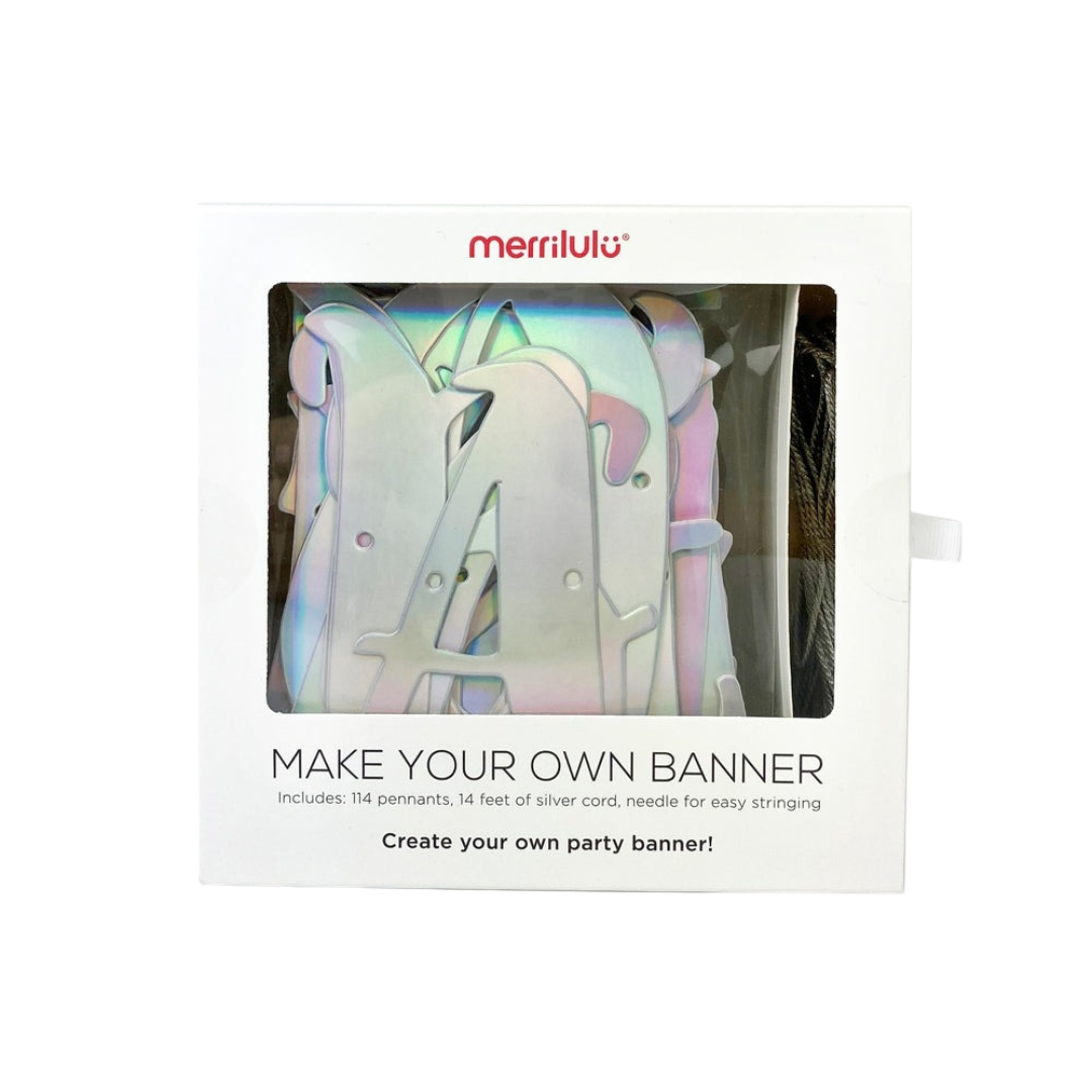 Iridescent make your own banner kit with alphabet pennants birthday decoration from Parte Haus party supply store in Bethesda MD