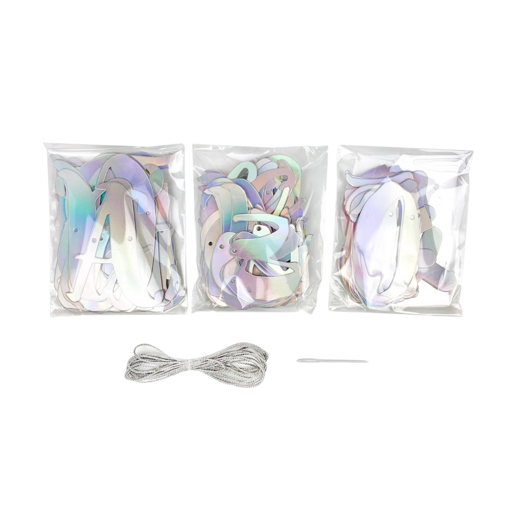 Iridescent make your own banner kit letters and string set birthday celebration from Parte Haus party supply store in Bethesda MD