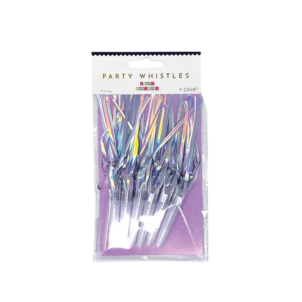 Iridescent party whistles with shiny metallic look for birthday celebration from Parte Haus party supply store in Bethesda MD