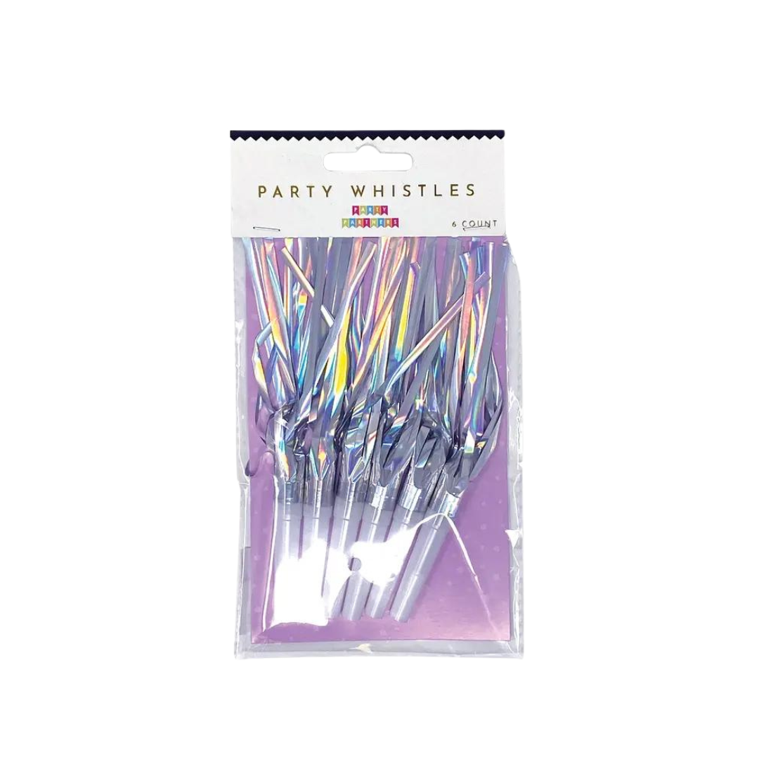 Iridescent party whistles with shiny metallic look for birthday celebration from Parte Haus party supply store in Bethesda MD