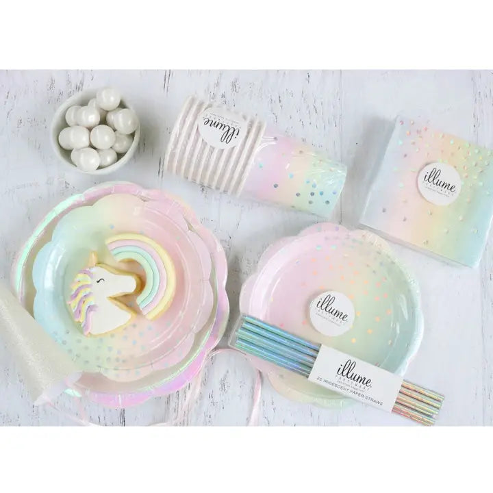 Iridescent straws pack with pastel rainbow plates and unicorn cookie birthday theme from Parte Haus party supply store in Bethesda MD