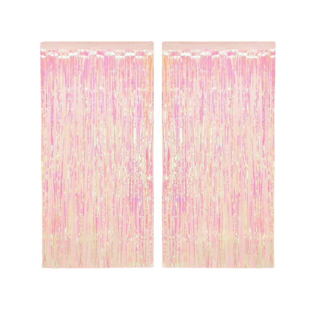 Iridescent pink curtain shiny fringe backdrop for birthday theme from Parte Haus party supply store in Bethesda MD