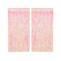 Iridescent pink curtain shiny fringe backdrop for birthday theme from Parte Haus party supply store in Bethesda MD