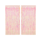 Iridescent pink curtain shiny fringe backdrop for birthday theme from Parte Haus party supply store in Bethesda MD