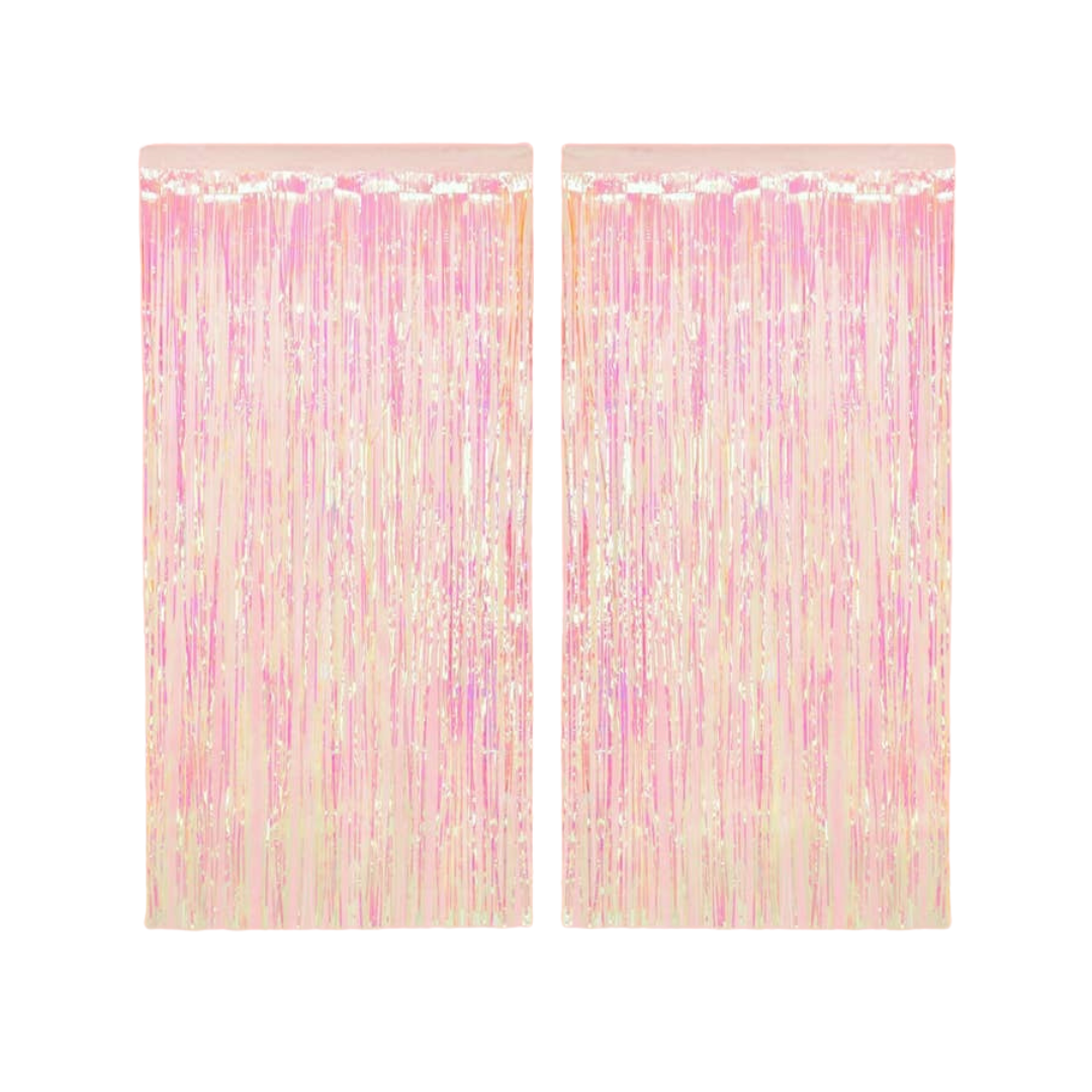Iridescent pink curtain shiny fringe backdrop for birthday theme from Parte Haus party supply store in Bethesda MD