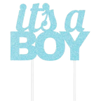 Blue glitter its a boy cake topper baby shower decoration from Parte Haus party supply store in Bethesda MD